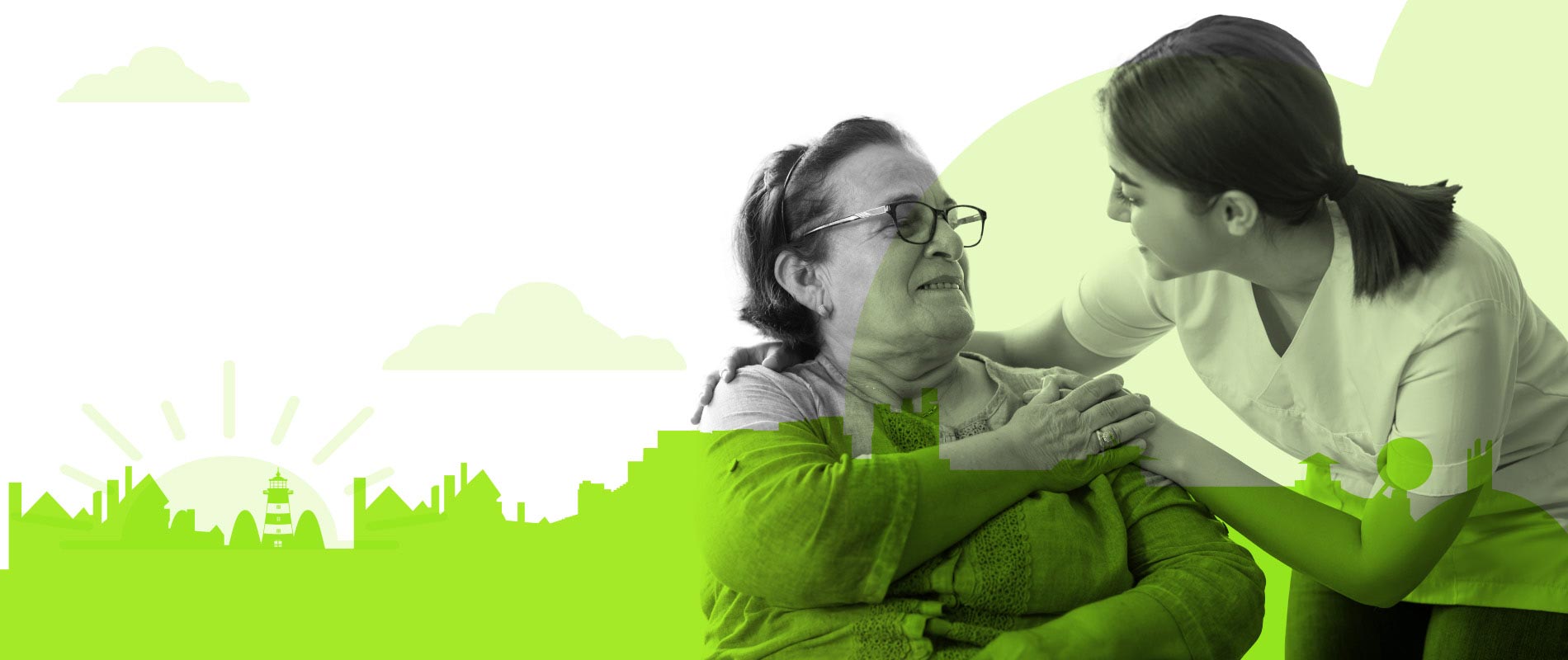 A woman talking to her carer with a city skyline in the background