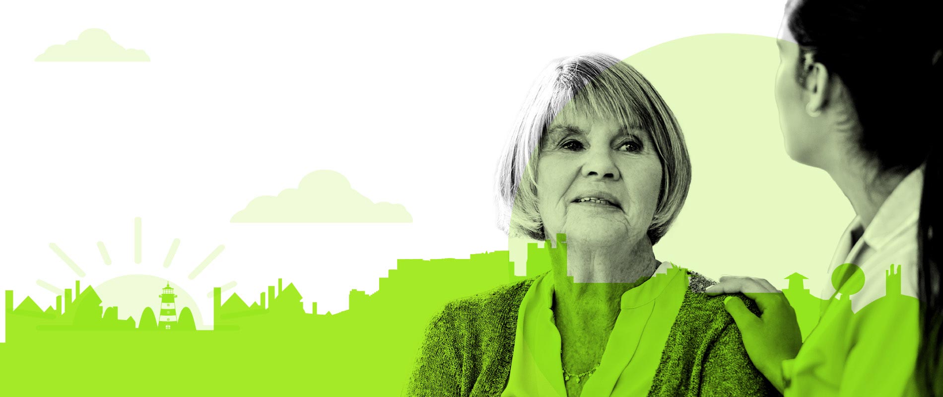 A woman talking to her carer with a city skyline in the background