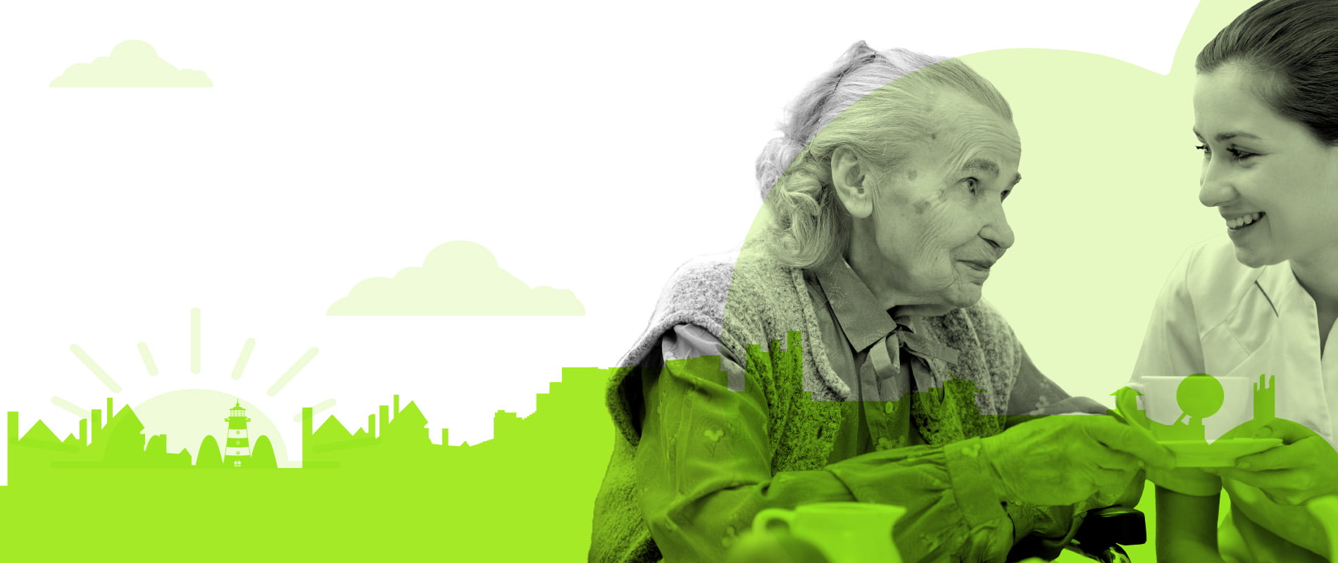 Carer looking after an old woman with a city skyline in the background