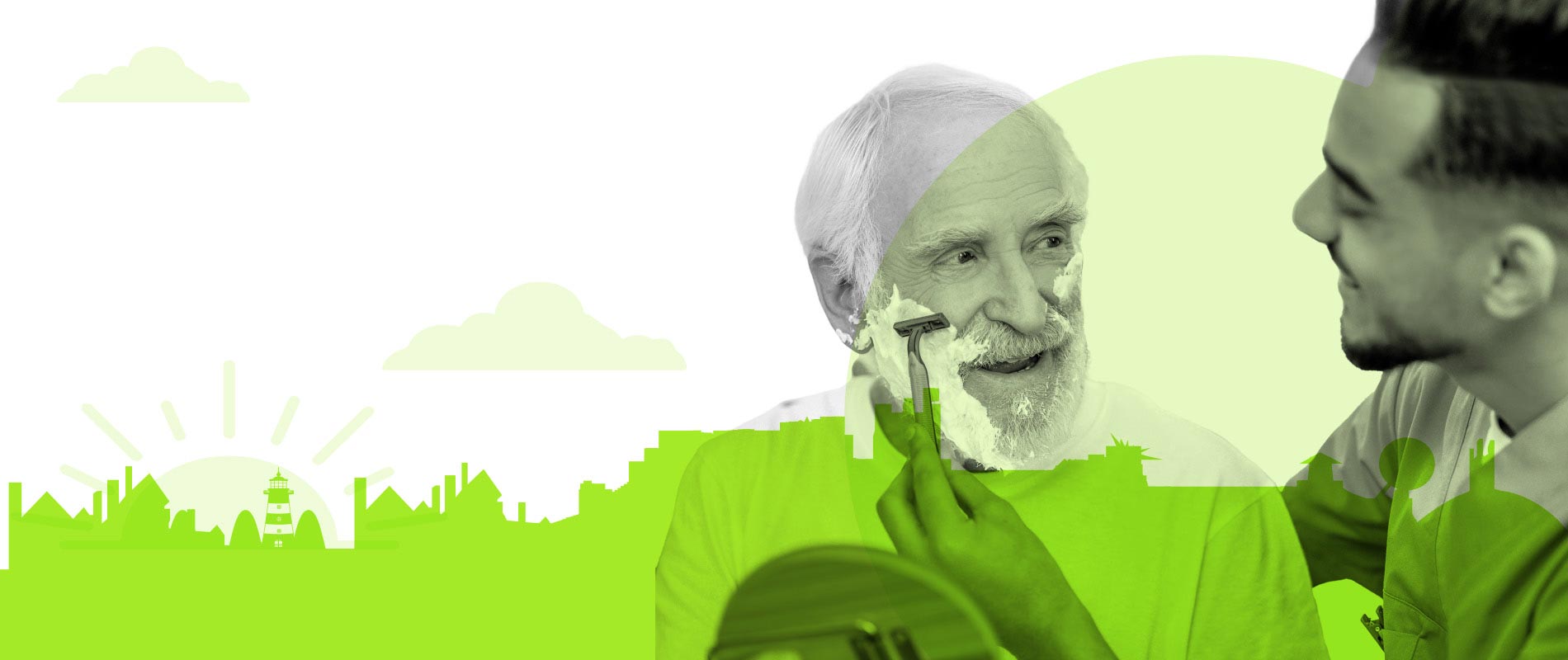 Carer helping an elderly gentleman shave with a city skyline in the background